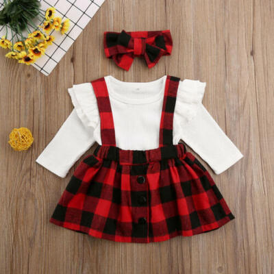 

Christmas Newborn Baby Girl Clothes Knitted Tops Romper Plaids Bib Skirt Outfits