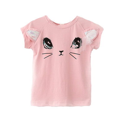 

Baby T-Shirt Baby Girl Clothes Cartoon Cat Sequins Mesh Bow Baby Girl T-Shirt Summer Princess Girl Birthday Clothes