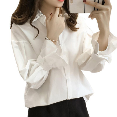 

Korean Style Plus Size Loose Turn-down Collar Long Sleeve Blouse mujer de moda Polyester vadim Solid shein blusas shirt