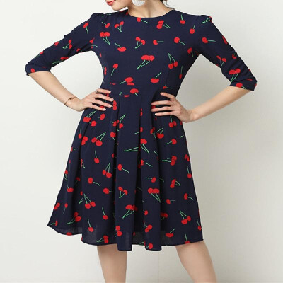 

Cherries Printed Three-quarter Sleeve Midi Skater Dress