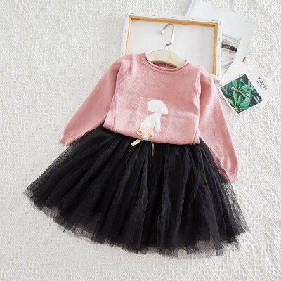 

1-7T Children Set Baby Girls Dress Embroidery New Autumn Long Sleeve Knit T-Skirt Princess Mesh Skirt Two-Piece Set