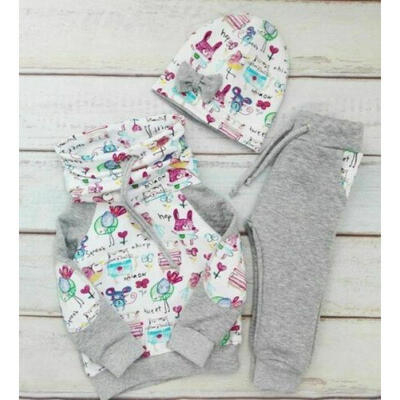 

US Newborn Kid Baby Girl 3pcs Doodle Outfit Top Sweatshirt Pants Hat Clothes Set