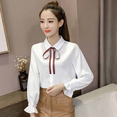 

Autumn Ladies Shirt Sweet Bow Tie Turn-down Collar Blouses Puff Long Sleeve Solid Color Shirts Single Buckle Pinstriped Blouse