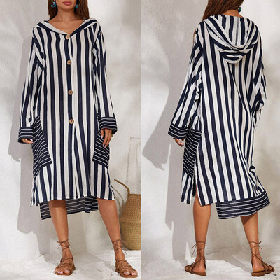 

Tailored LadiesAutumn And Winter Fashion Stripe V-Neck And Cap Loose Long Sleeve Dresses
