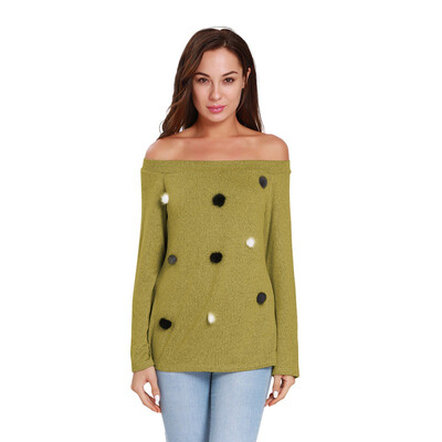 

New Slash Neck Casual Pullovers Sweater Small Wool Ball Decoration Solid Long-sleeve Sweater Autumn Winter