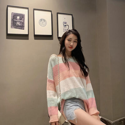 

Women Sweater Novel Design Autumn Winter Stripes Print Slim Long-Sleeved Round Collar Slim Buttom Knit Sweater