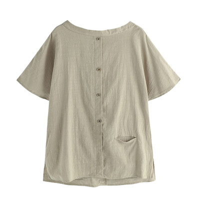 

Vintage Cotton Blouse Tops 2019 Summer Women Blouses Short Sleeve Buttons Casual Shirt Pockets Patchwork Loose Blusas Oversized