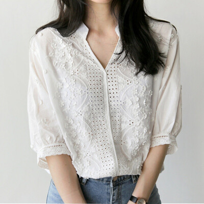 

Casual Women V Neck Loose White Shirts Long Sleeve Ladies Hollow Out Blouses Tops