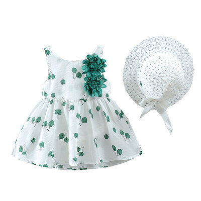 

2Pcs Baby Girls Dress Sets With Hat Kids clothes Cherry Floral Pattern Sleeveless Dresses Fashion Backless Sundress