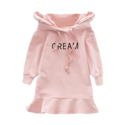 

Girls Autumn Dress 2019 Girl Long-Sleeve Blouse Letter Printing Hooded Ruched Kids Dress 1-7Y Children Clothing Dress