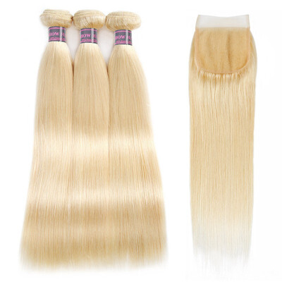 

Brazilian Hair Straight Hair 613 Blonde Hair Bundles 3pcs Deal with Lace Closure