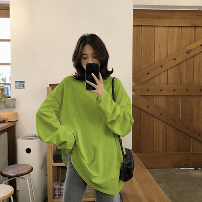 

Autumn New Solid Color Plus Size Women Long Tops Korean Style Round Neck Long-sleeved T-shirts