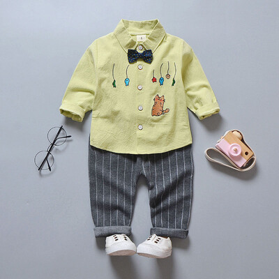 

2pcs Baby Clothes Boy Girl HandsomeLong Sleeve Lapel T-shirt Cat Pattern Concise Casual Striped Long Pants Kids Set