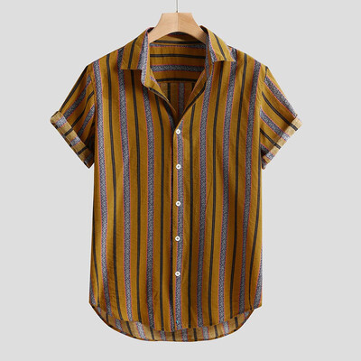 

Toponeto Mens Colorful Stripe Summer Short Sleeve Loose Buttons Casual Shirt Blouse