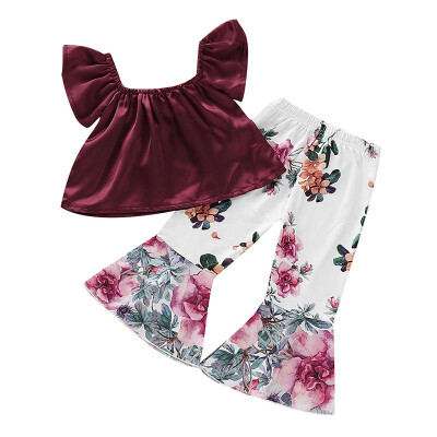 

2Pcs Summer Fashion Baby Girls Wine Red One Word Shoulder Top Print Floral Flared Pants 6Months-5 Years