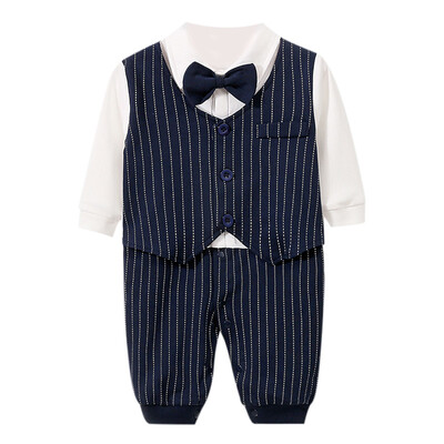 

Spring Autumn Winter Infant Baby Boys Cotton Long Sleeve Gentleman Fake 2 Piece Romper Casual Vest Bowknot Solid Color Rompers