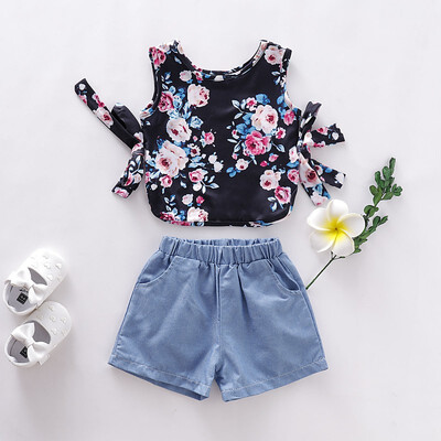 

Summer Baby Girls Clothes Casual Sleeveless Floral Print T-shirt TopsShorts Suits Costume Set For Girls