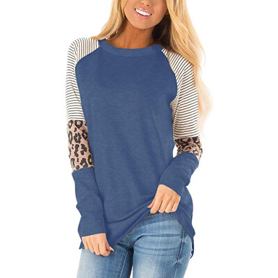 

Leopard Colorblock Print Long Sleeve T-Shirt Women Fashion Round Collar Autumn Casual Simple Wild T-Shirt