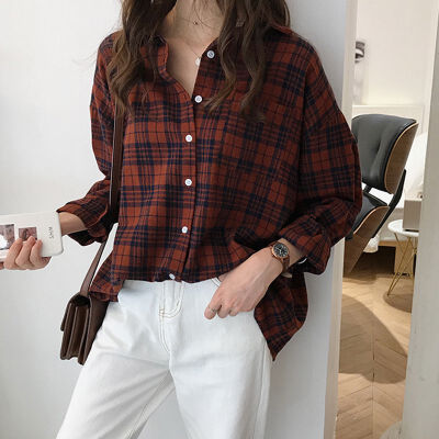 

Spring Autumn Vintage Women Shirts Casual Long Sleeve Button Loose Plaid Shirt Female Fashion Blouses And Tops