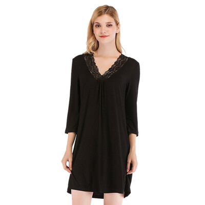

Women Nightgown Cotton Sleep Shirt V Neck Long Sleeve Lace Trim Sleepwear