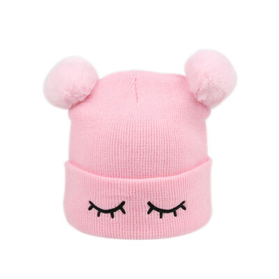 

Hot Childrens Head Cap Girls Boys Cute Embroidery Double Ball Knitted Caps New Winter Kids Warm Hats Children Soft Hat