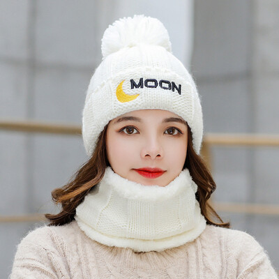 

Autumnwinter hat neck two-piece set of ladies plus velvet warm hair ball hat sweet cute knitted sleeve head ear guard hat