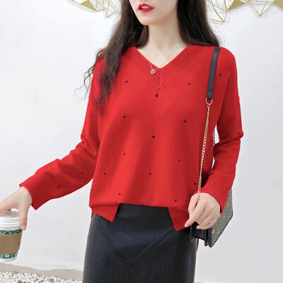 

Female Autumn Winter New Fashion V-neck Sweet Sweater Women Casual Solid Color Knit Sweater Pullover