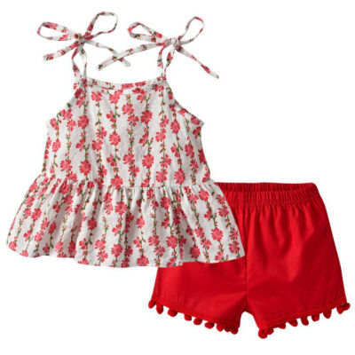 

Children Sets Girls Cotton Lace-up Red Flower Printed Top Red Shorts Baby Children Girls Summer Sleeveless Casual Clothing