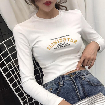 

Women T-Shirt Long Sleeve Letter Print Tees Female O-Neck Slim Tops Casual Ladies Autumn Tee Shirt