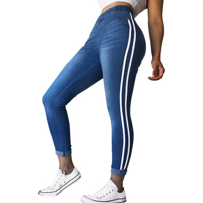 

Womens Jeans High Waist Side Striped Trousers Patchwork Straight Jeans Matched Casual Pants Slim Jeans Plus Size