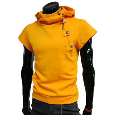

Toponeto Summer Mens Fashion Casual Solid Color Button Zipper Hood Short Sleeve Blouse
