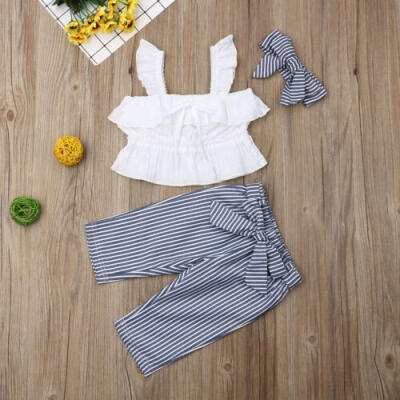 

UK 3PCS Baby Kids Girls Summer Outfit Toddler Top Shirt Stripe Pants Clothes Set
