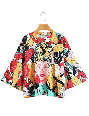 

Women Loose Sleeve Tropical Print Loose Shirts O Neck Short Style Pleated Tops