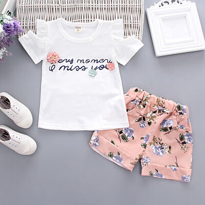 

Children Girls Casual Summer Letter Print Short Sleeve T-shirtFloral Shorts Suits 2Pcs Costume Set
