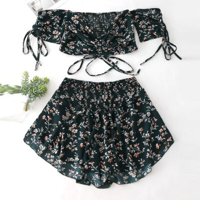 

Women Off Shoulder Cinched Floral Crop Top Slash Neck Short Sleeves High Waist Shorts Set