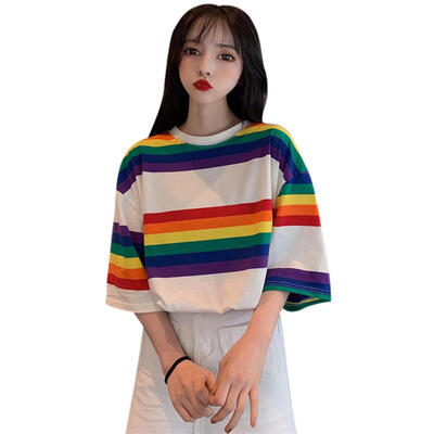 

Women T-Shirts Short Sleeve O-Neck Cotton Rainbow Striped Print Ladies Tops