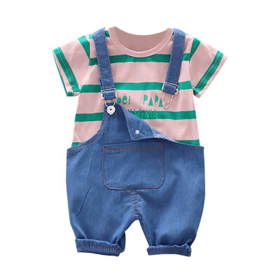 

Boy Shorts Set Sleeve Stripe Letter Print Tops Blouse Shirt Denim Suspender Pants Children Casual Outfits Sets