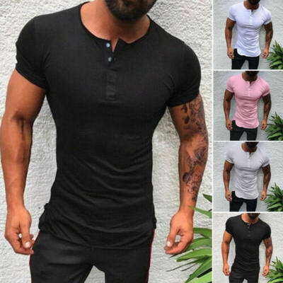 

Mens Plain Button T-Shirt Slim Fit Buttons V Neck Muscle Top Casual Blouse Tee