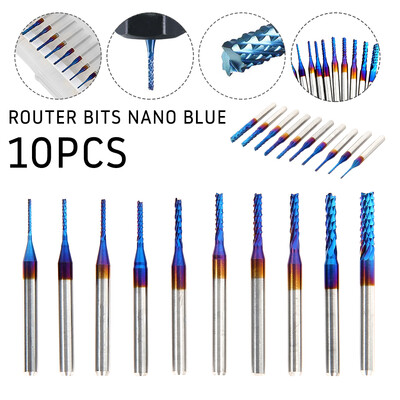 

US 10x 08-3mm 18" Shank Nano Blue Coat End Mill Cutter CNC Router Bit Tool Set