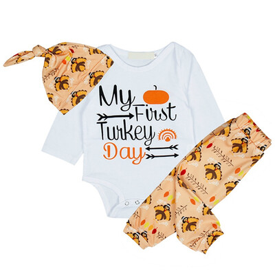 

High Quality Newborn Long Letter RomperCartoon PantsPrint Hat 3pcs Clothing Sets New Baby Girls Boys Thanksgiving Clothes Sets