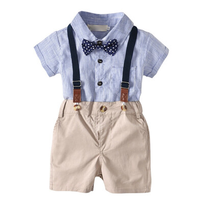

Summer Toddler Boy Clothes Set Casual Stripe Shirt Romper Shorts Bow Tie Fashion Outfits Set