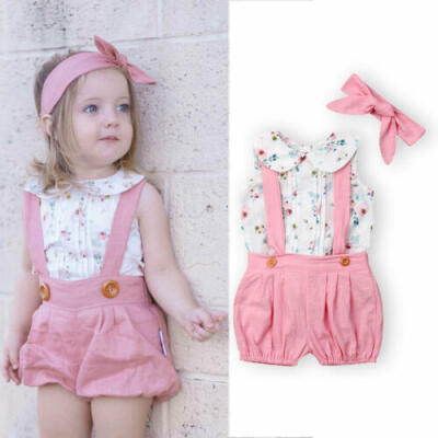 

US Infant Baby Girl Flower Tops Pants Shorts Headband Outfit Summer Clothes 3PCS