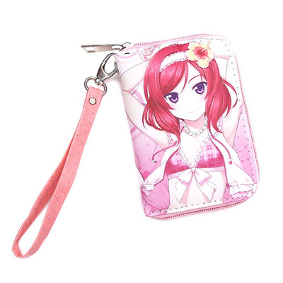 

Hatsune Miku lovelive PU Short Zipper Wallet Cartoon Printing Student Portable Coin Purse with Hand Strap