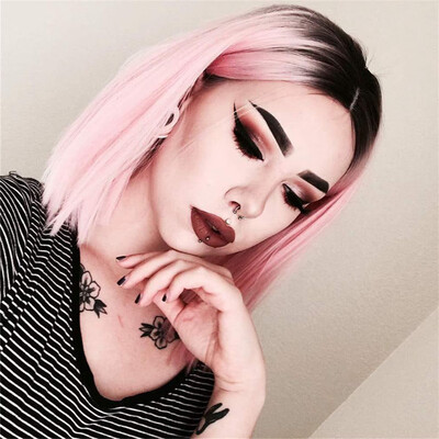 

Tailored Womens Fashion Wig Front lace Pink Synthetic Hair short Wigs straight Wig