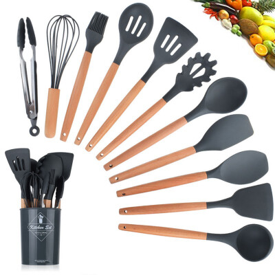 

11pcs Set Cooking Tools Premium Silicone Wooden Kitchen Cooking Utensils Set With Storage Box Turner Tongs Spatula Soup Spoon