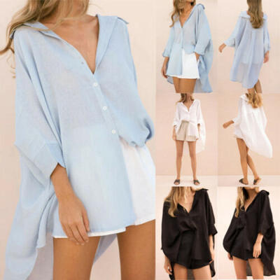 

Fashion Women Long Sleeve Blouse V Neck Casual Summer Chiffon Lapel T-Shirt
