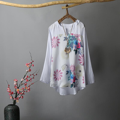 

Vintage Women Blouse Linen Colorful Floral Print V Necklne Buttons Low High Irregular Hemline Swing Tops