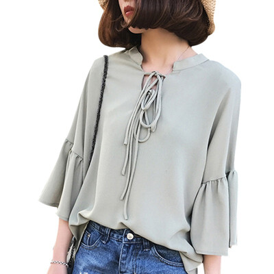 

Women Lace Up Chiffon Blouse Womens Solid V-Neck Long Sleeve Shirt Korean Loose Blouse