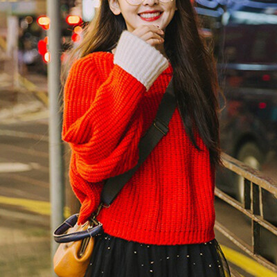 

Women Knitted Sweater Oversize O-neck Winter Knitwear Bat Sleeve Patchwork Warm Casual pullover korean clothing harajuku