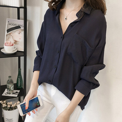

Elegant Single-breasted Blouse Turn-down Collar Chiffon Shirt Women Vintage Blouse